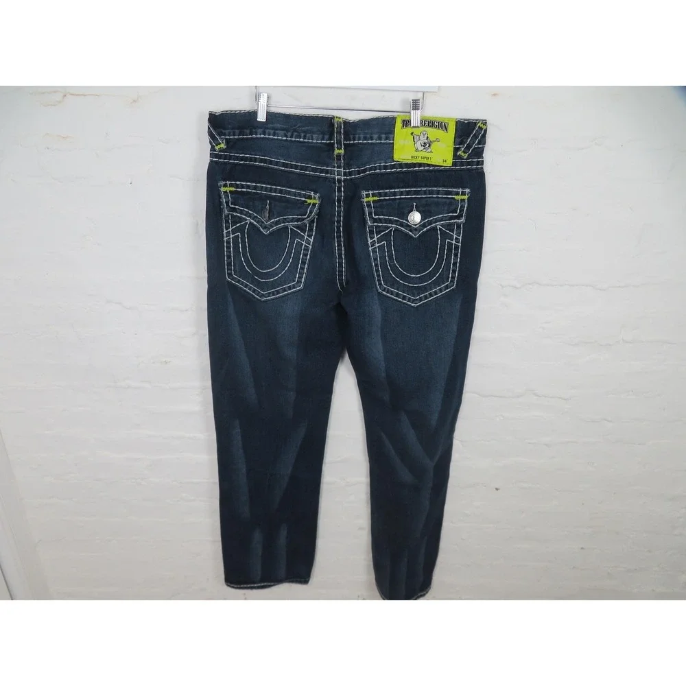 Vtg True Religion Ricky Super T JeansMen 42x34 Blue Flap Pocket USA Thick Stitch
